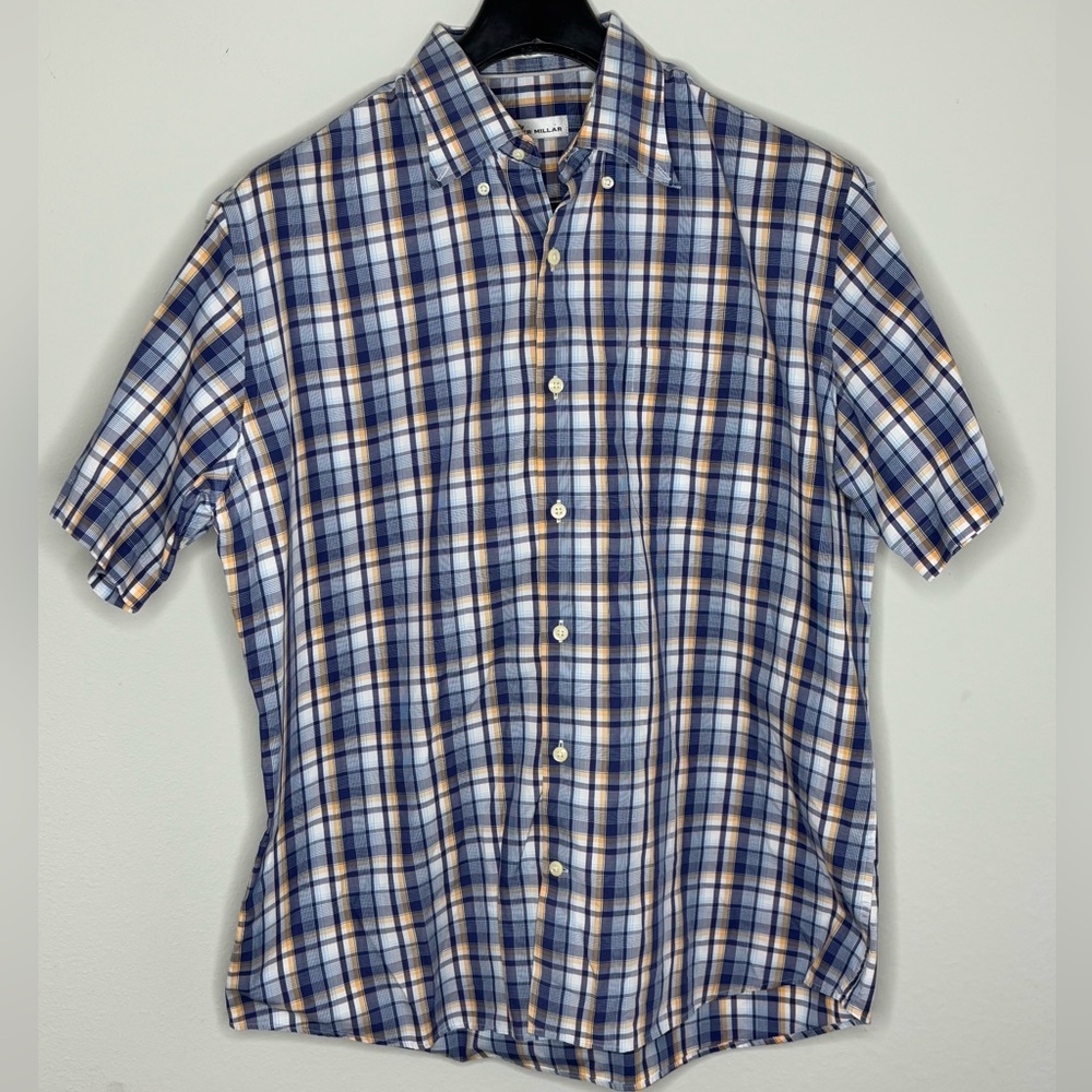 Peter Millar Plaid Button Up Shirt Men's L Blue Yellow Pocket Short Sleeve